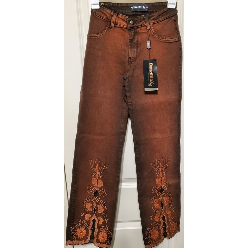 BrazilRoxx Embellished Embroidered Jeans BR 38/US 2 Brown Orange - NEW With Tags